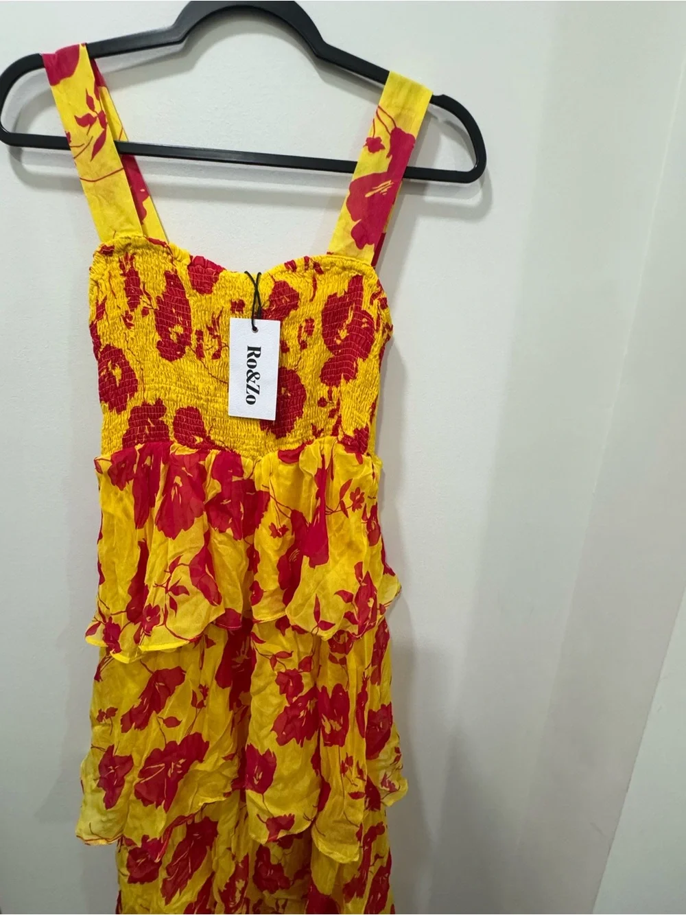 Ro&Zo Yellow+Cerise Floral Strappy Tiered Lined Chiffon Maxi Dress SZ 14UK 10US